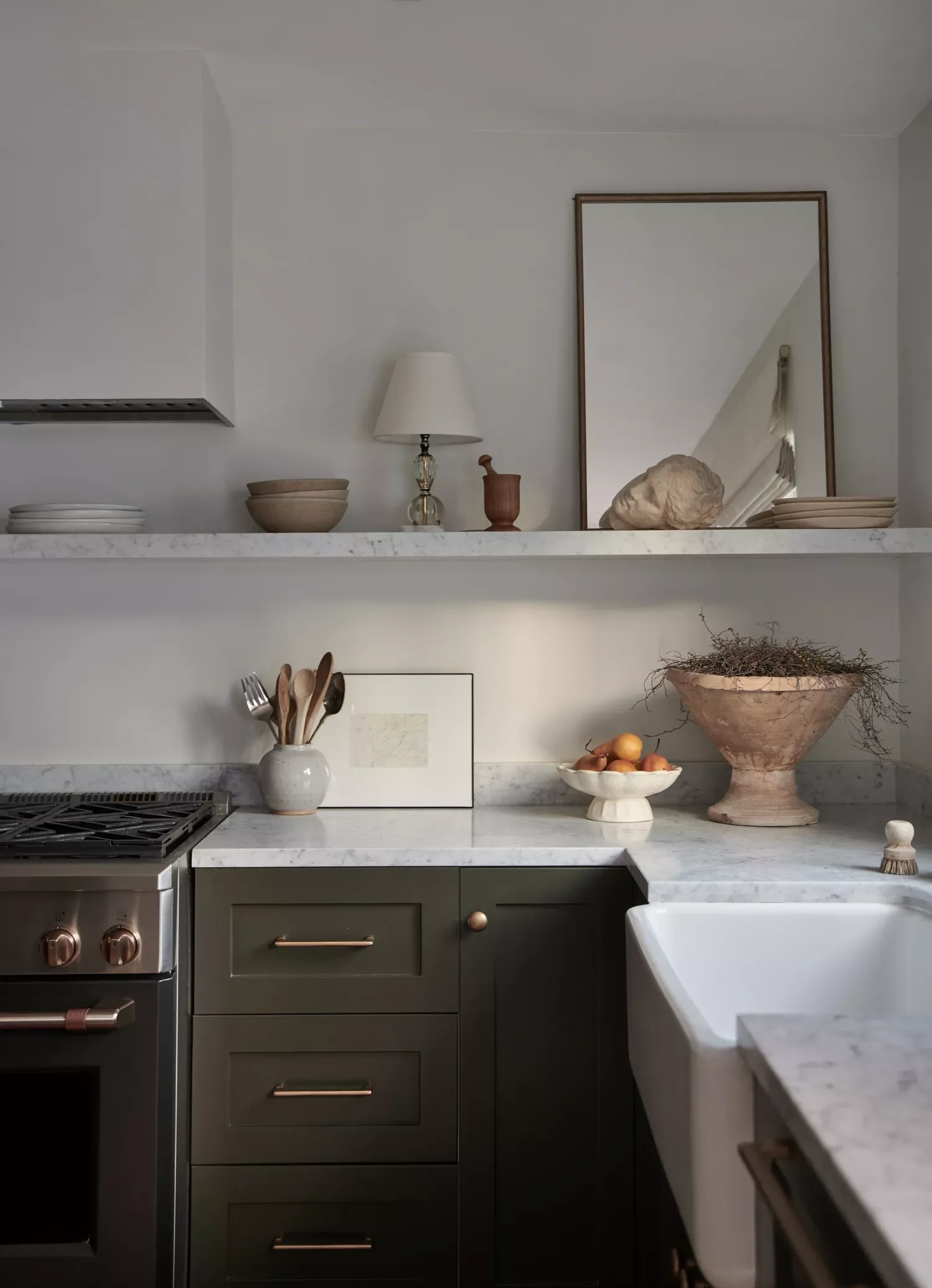 19 Gorgeous Olive Green Kitchen Cabinet Designs That Elevate Your Kitchen Juxtapose With Light Marble