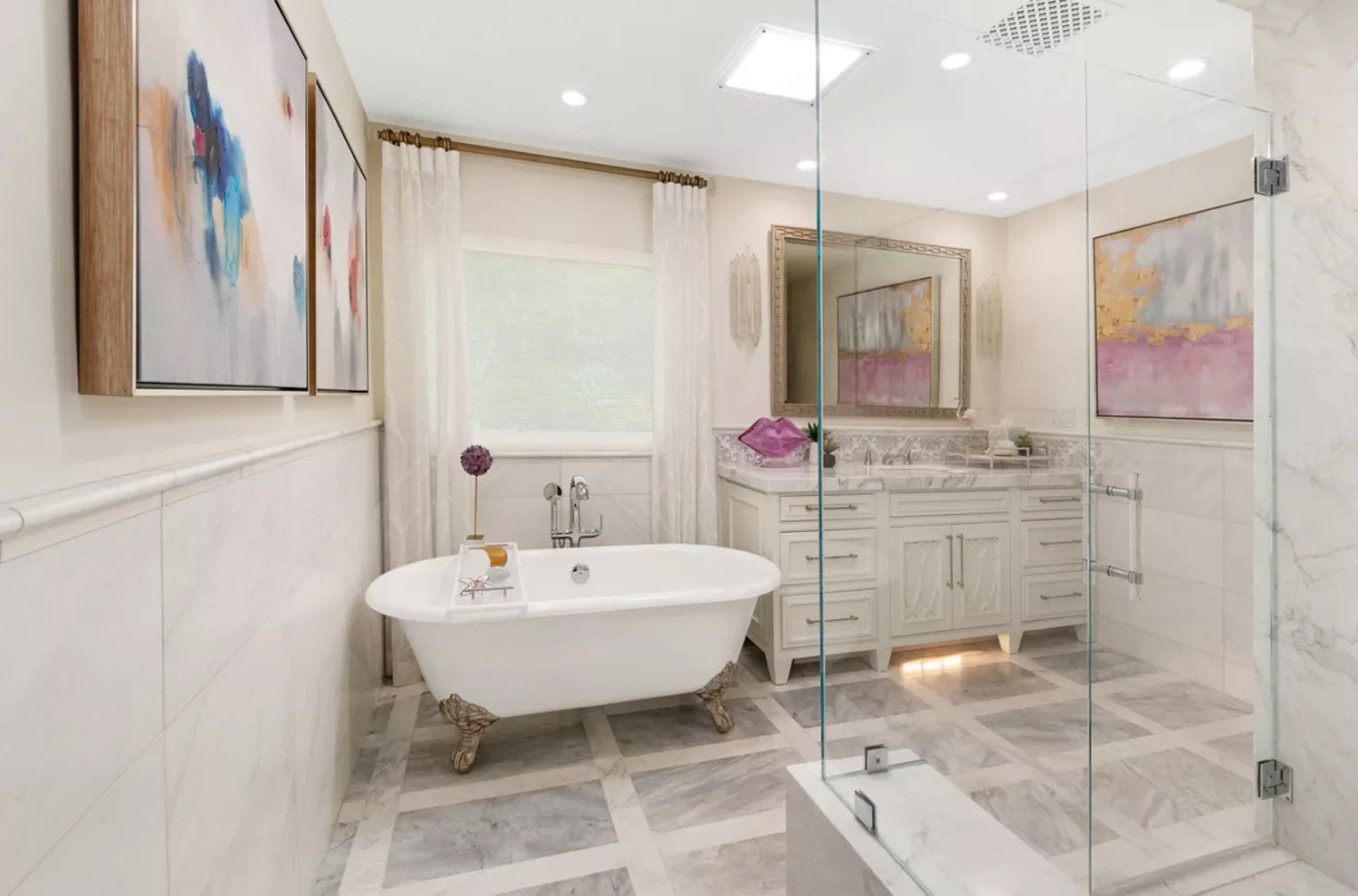 20 Stunning Bathroom Window Treatment Ideas That'll Transform Your Space 14 Keep Curtains Neutral and Add Color to the Bathroom Via Art