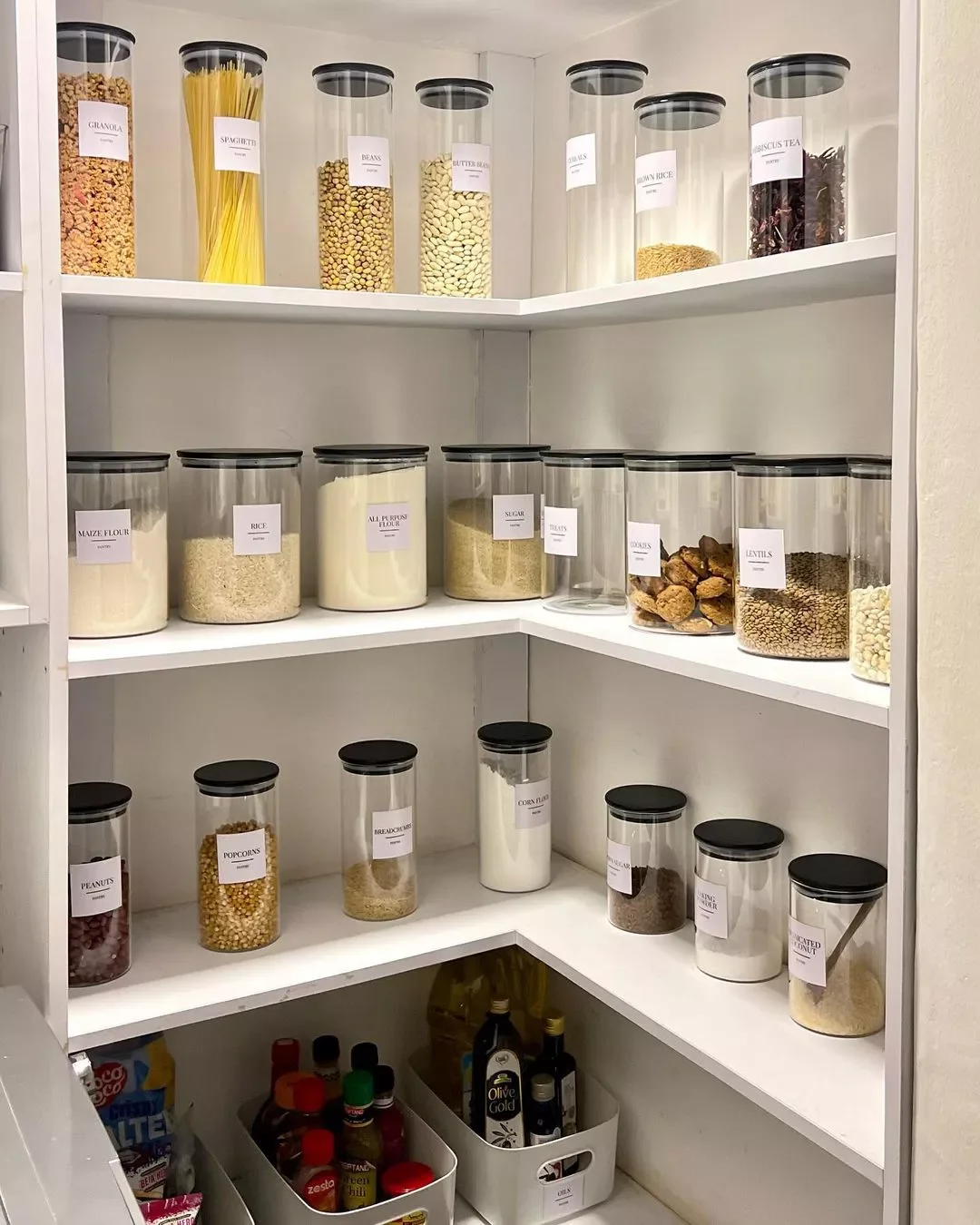 37 Corner Pantry Ideas to Transform Your Kitchen Storage Labeled Canisters
