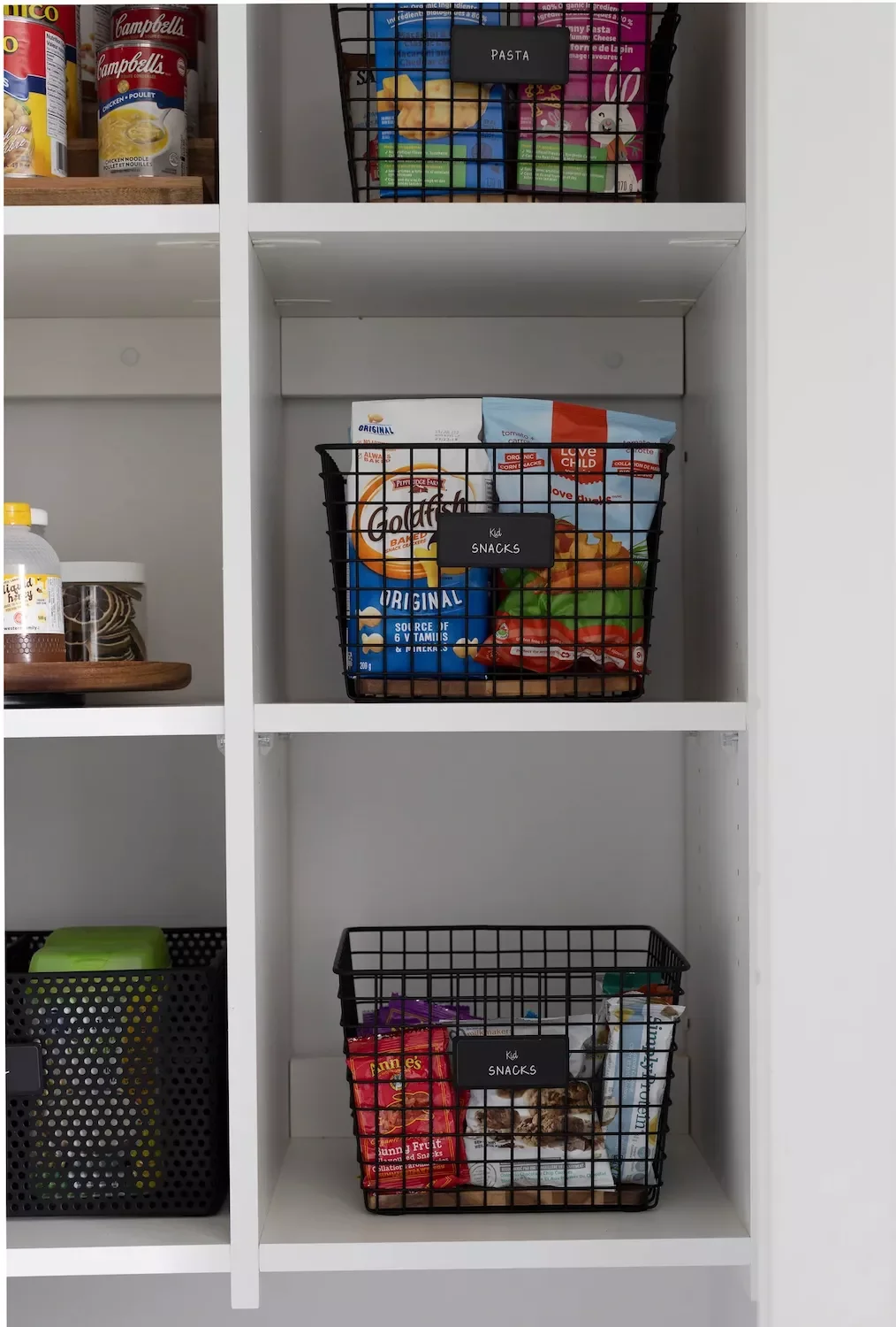 27 Creative Snack Organization Ideas That Will Transform Your Home Storage Labeled Wire Basket Snack Storage