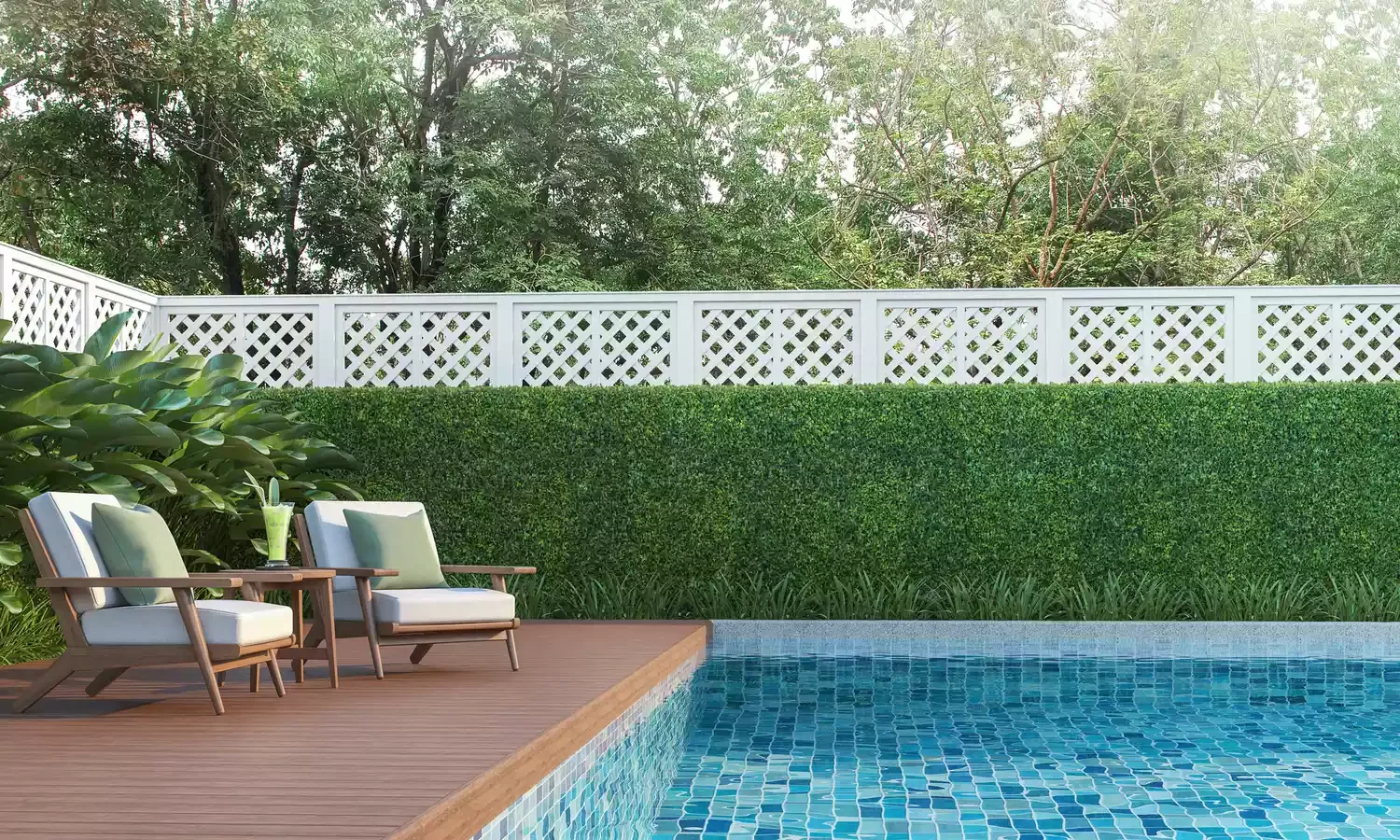 26 Beautiful Pool Barrier Ideas to Transform Your Backyard 11 Lattice Fence and Shrubbery