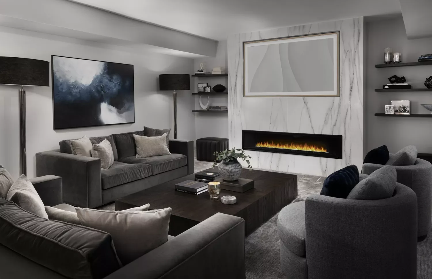 76 Brilliant Finished Basement Design Ideas That Actually Work Lean Into a Monochromatic Color Scheme