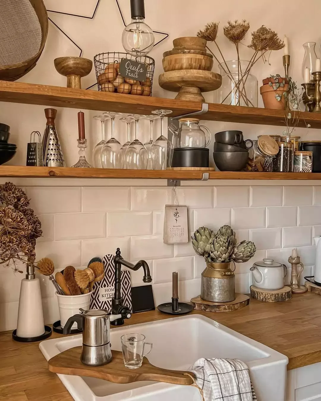 68 Charming Farmhouse Kitchen Ideas That Never Go Out of Style Long Wooden Shelves