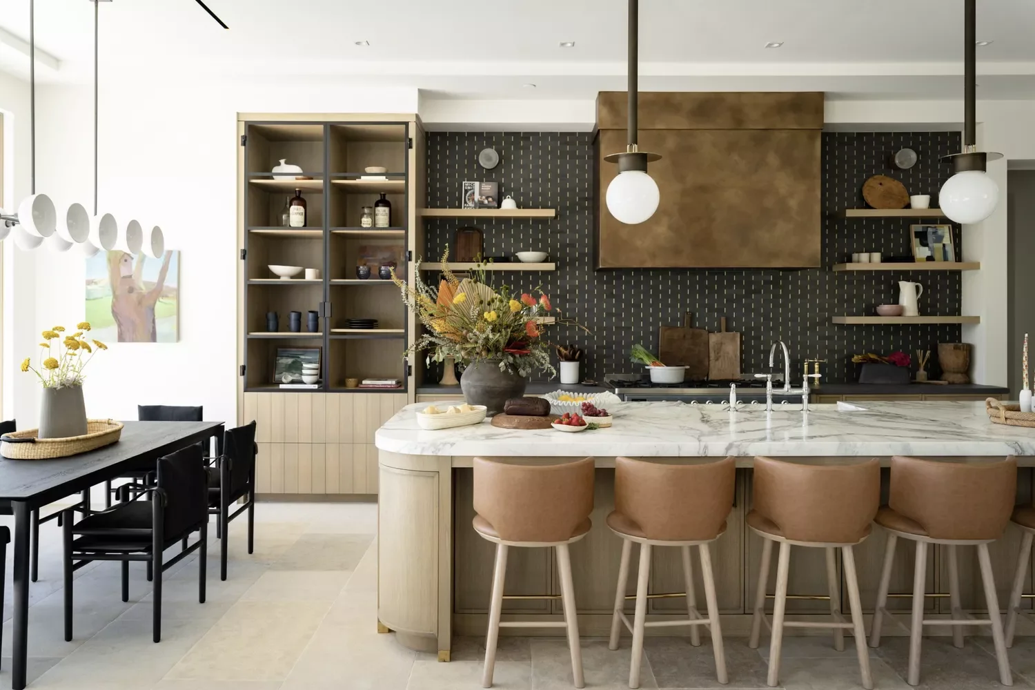 Marble and Wood Island With Wood Shelving