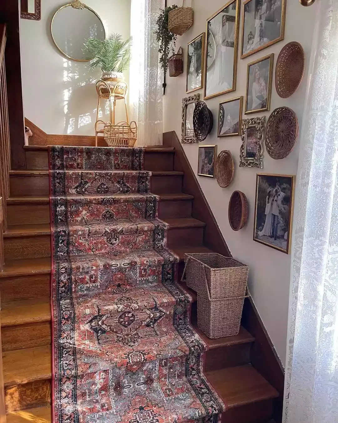 30 Creative Staircase Wall Decorating Ideas That Will Transform Your Space 17 Mix in Some Baskets