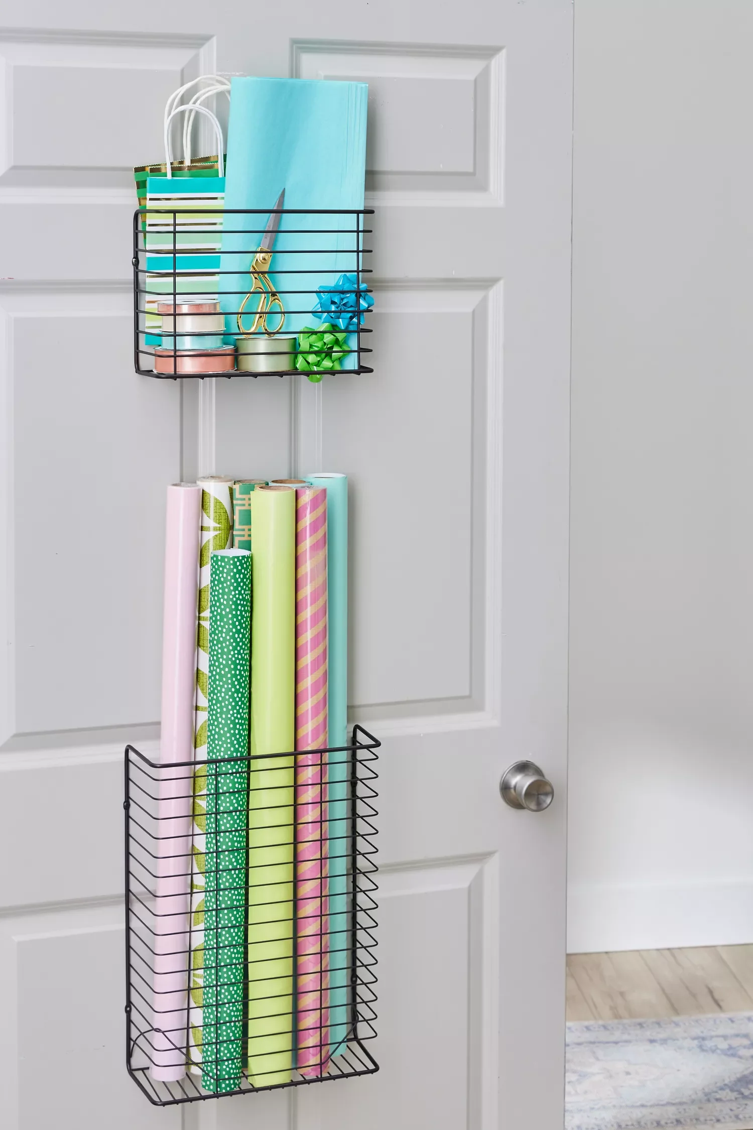 18 Creative Gift Wrap Storage Solutions That Banish Holiday Clutter Mount a Wire Basket