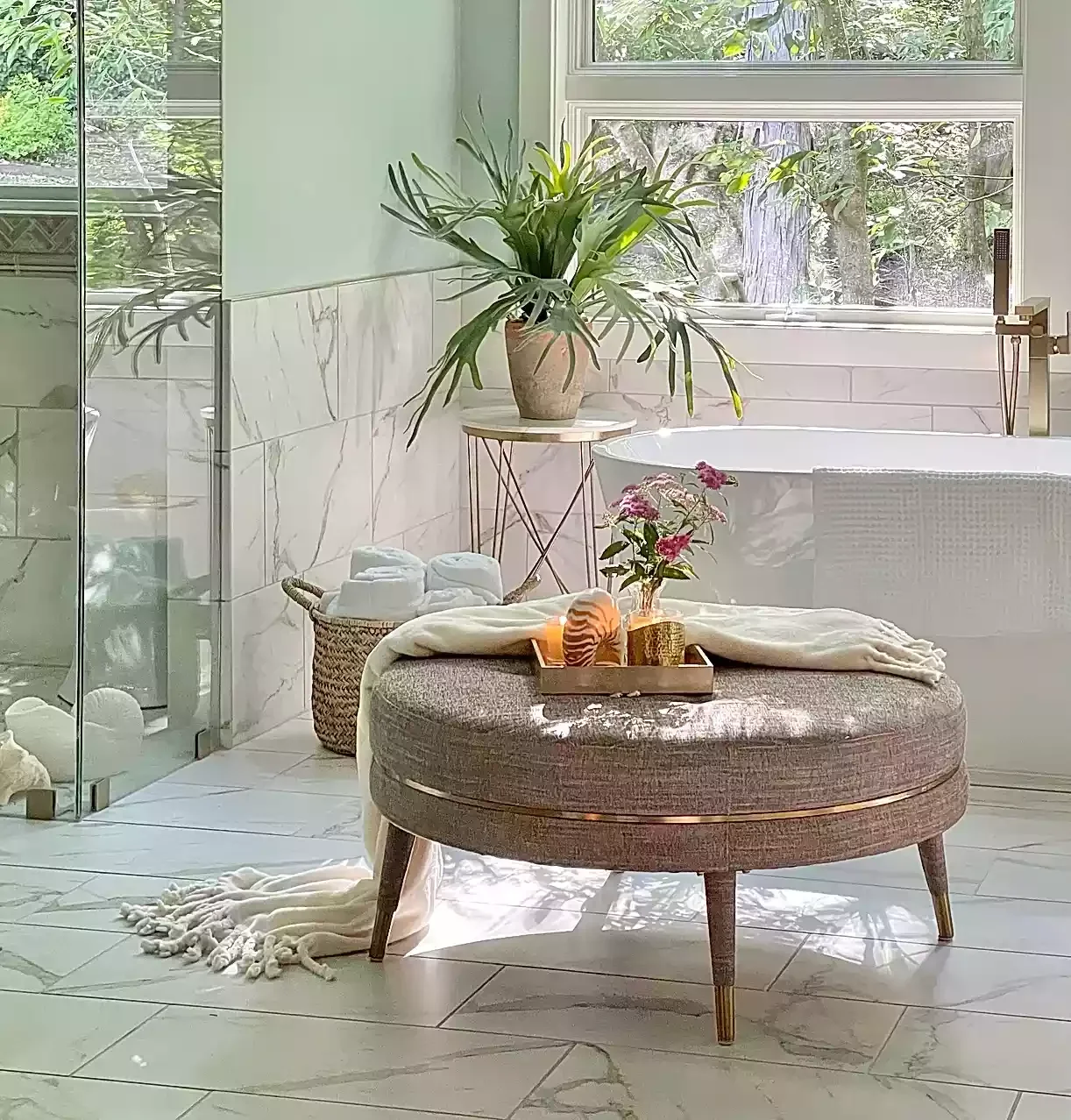 50 Luxurious Bathroom Ideas to Create Your Perfect Self-Care Sanctuary 14 Multipurpose Ottoman