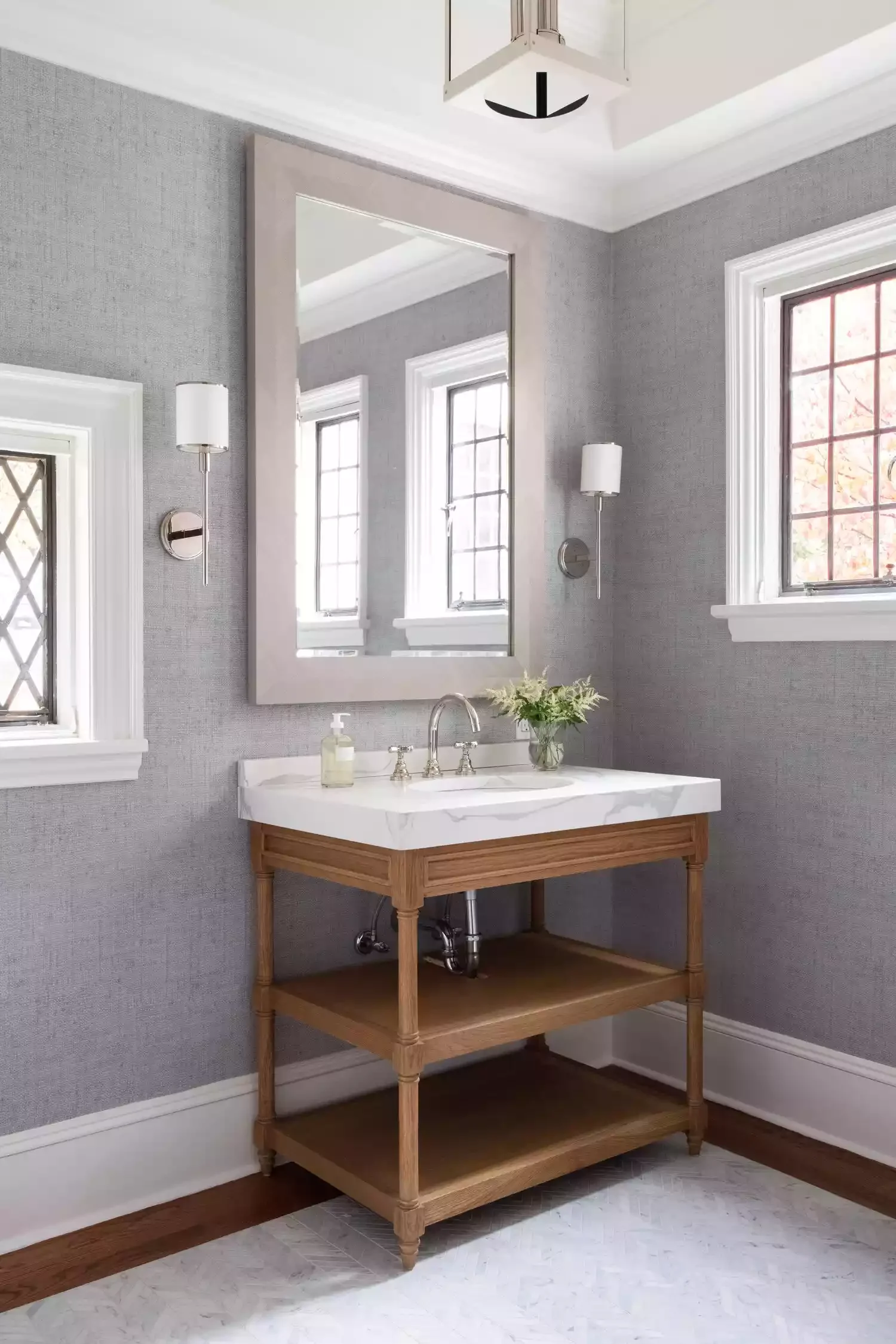 30 Soothing Neutral Bathroom Designs for Ultimate Relaxation 23 Neutral Bathroom With Woven Wallpaper
