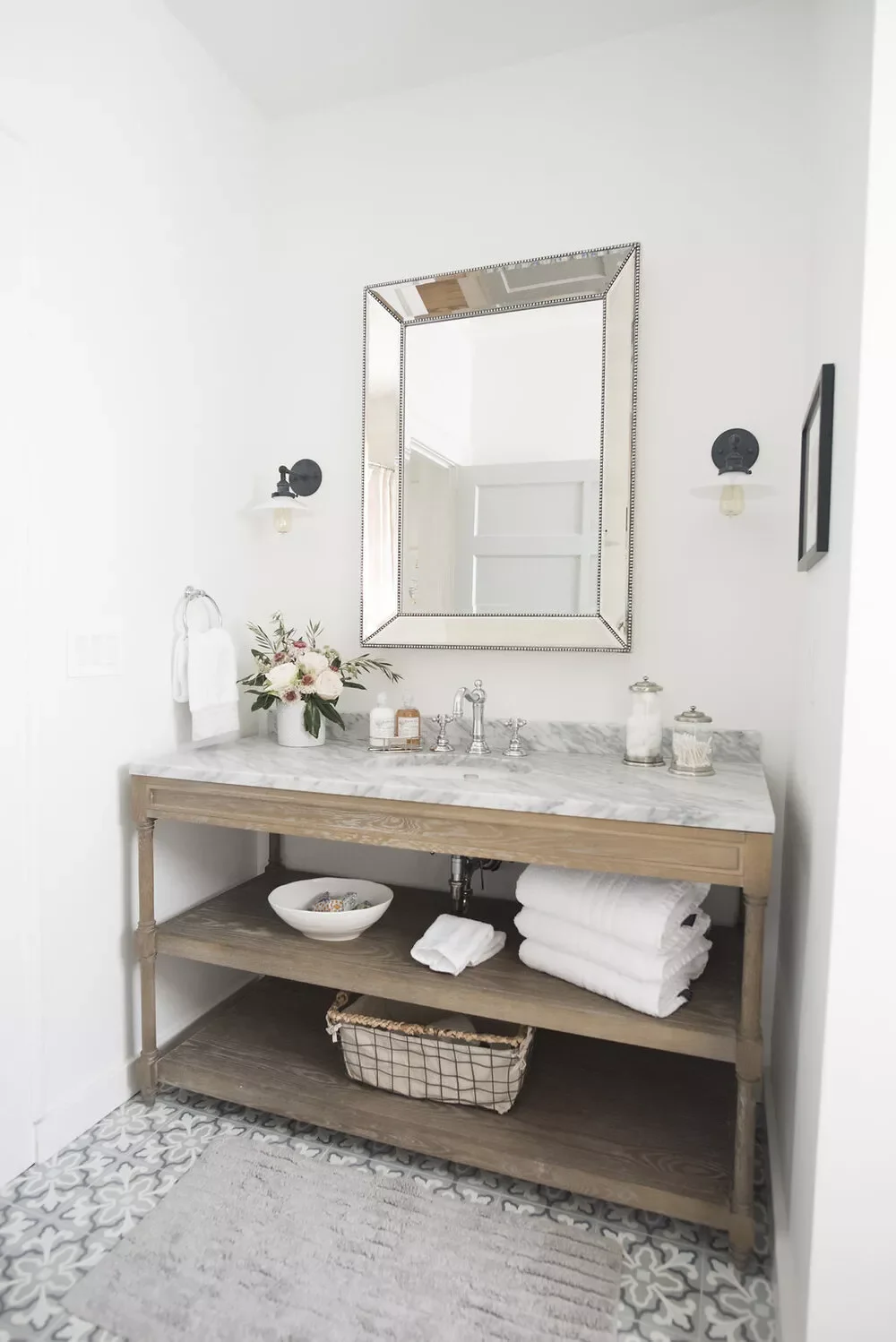 74 Amazing Bathroom Decorating Ideas That Will Transform Your Space 55 Open Shelving for a Guest Bathroom