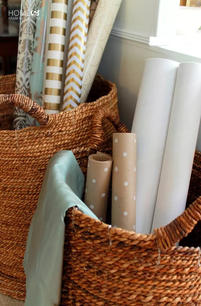 18 Creative Gift Wrap Storage Solutions That Banish Holiday Clutter Opt for Wicker Baskets