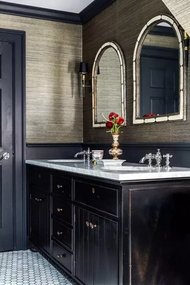 50 Dramatic Dark Bathroom Ideas to Transform Your Space 38 Pair Navy and Gold