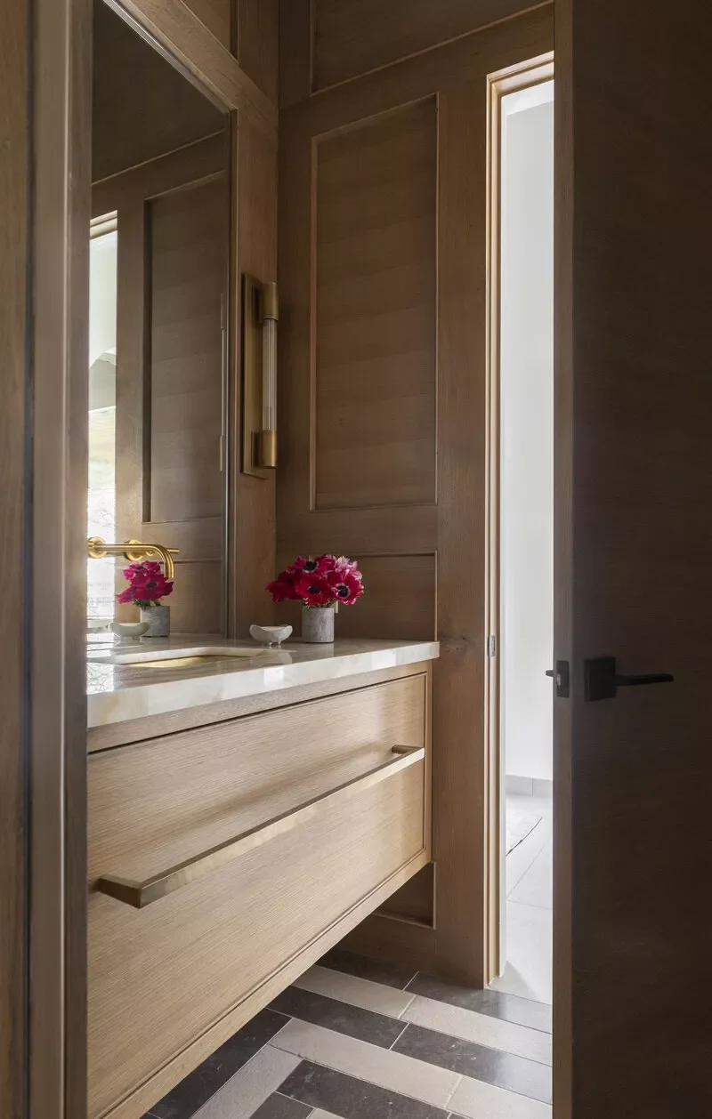 22 Clever Ways to Make Your Narrow Bathroom Feel Spacious and Stylish 10 Panel With Wood