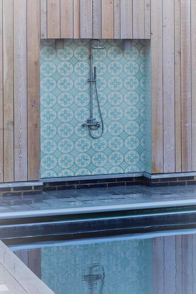 34 Stunning Outdoor Shower Ideas to Transform Your Backyard Oasis 2 Patterned Tile Shower