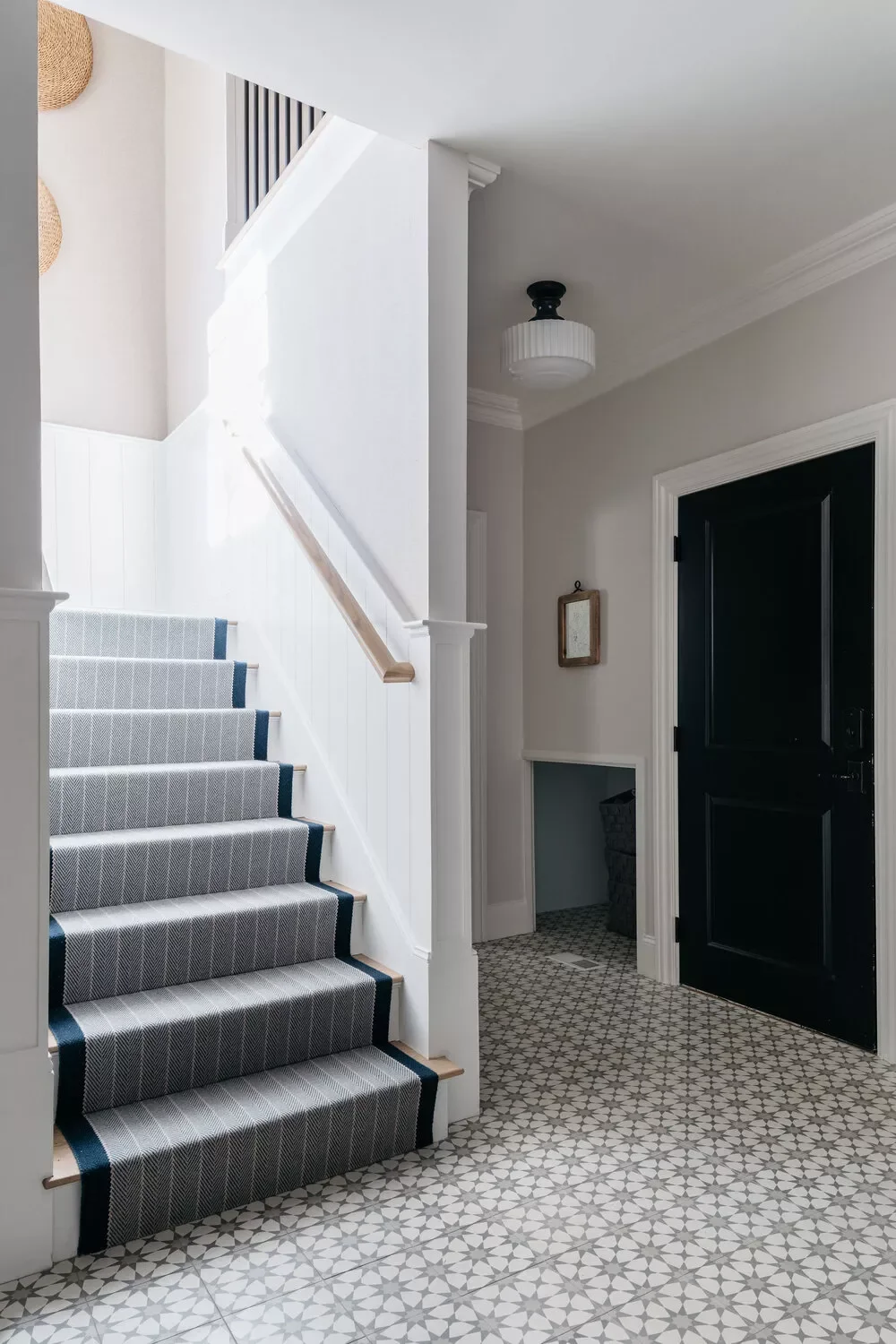 35 Stunning Stair Runner Ideas That Transform Your Home's Style and Comfort 26 Pinstriped Stair Runner