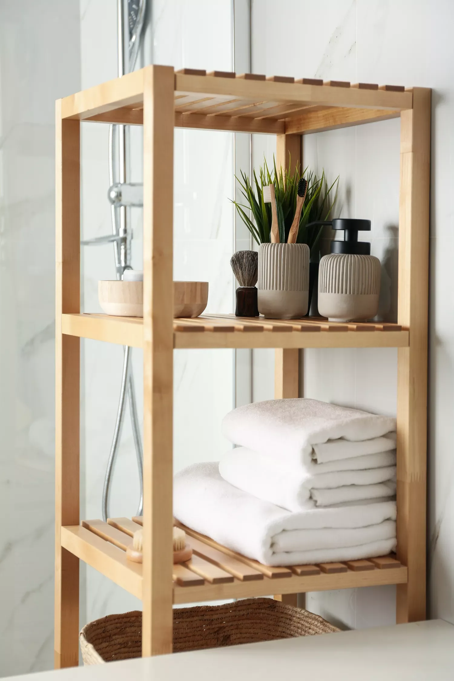 19 Brilliant Shower Storage Solutions That'll Transform Your Bathroom Place a Bamboo Shelf by the Shower