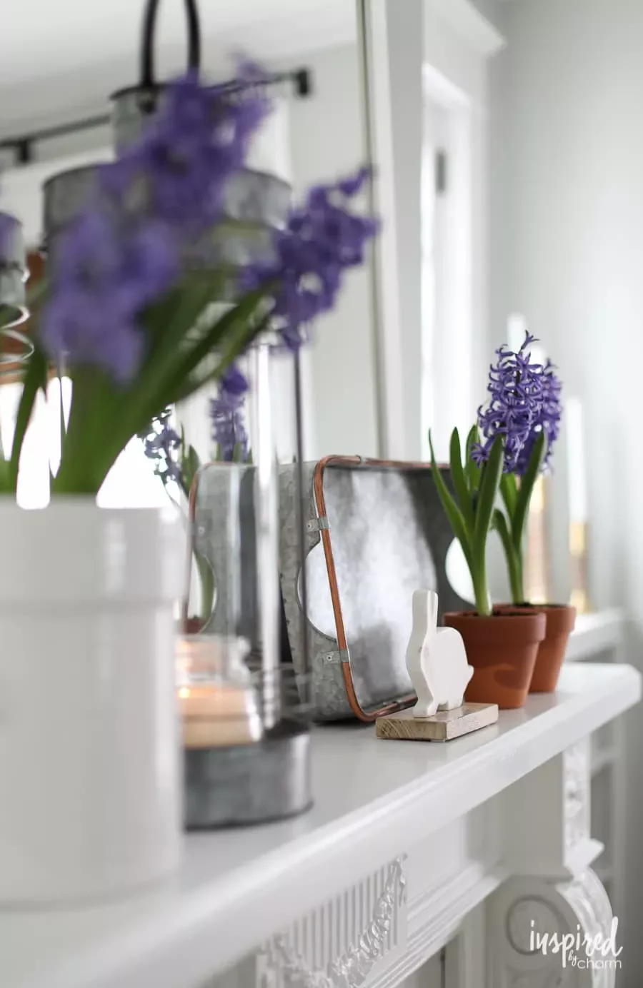 30 Beautiful Spring Mantel Ideas That Will Transform Your Living Space 14 Purple Hyacinth + Galvanized Metal