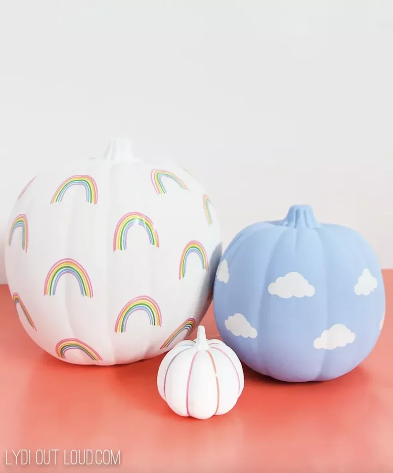 90 Creative Pumpkin Decorating Ideas to Try This Season 61 Rainbow and Cloud Pumpkin