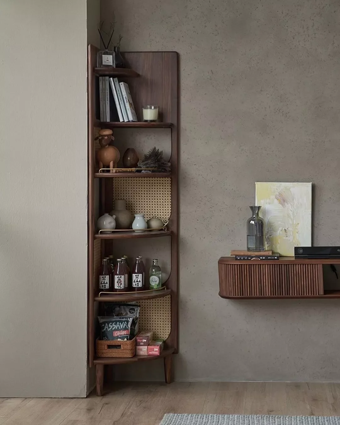 47 Creative Corner Shelf Ideas That'll Transform Your Space Rattan Corner Shelf