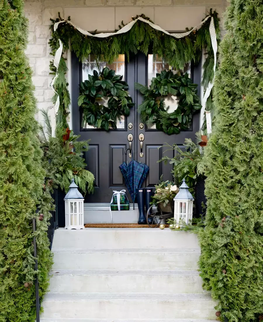 68 Christmas Front Porch Ideas That Make Your Home the Envy Ribbon Garland