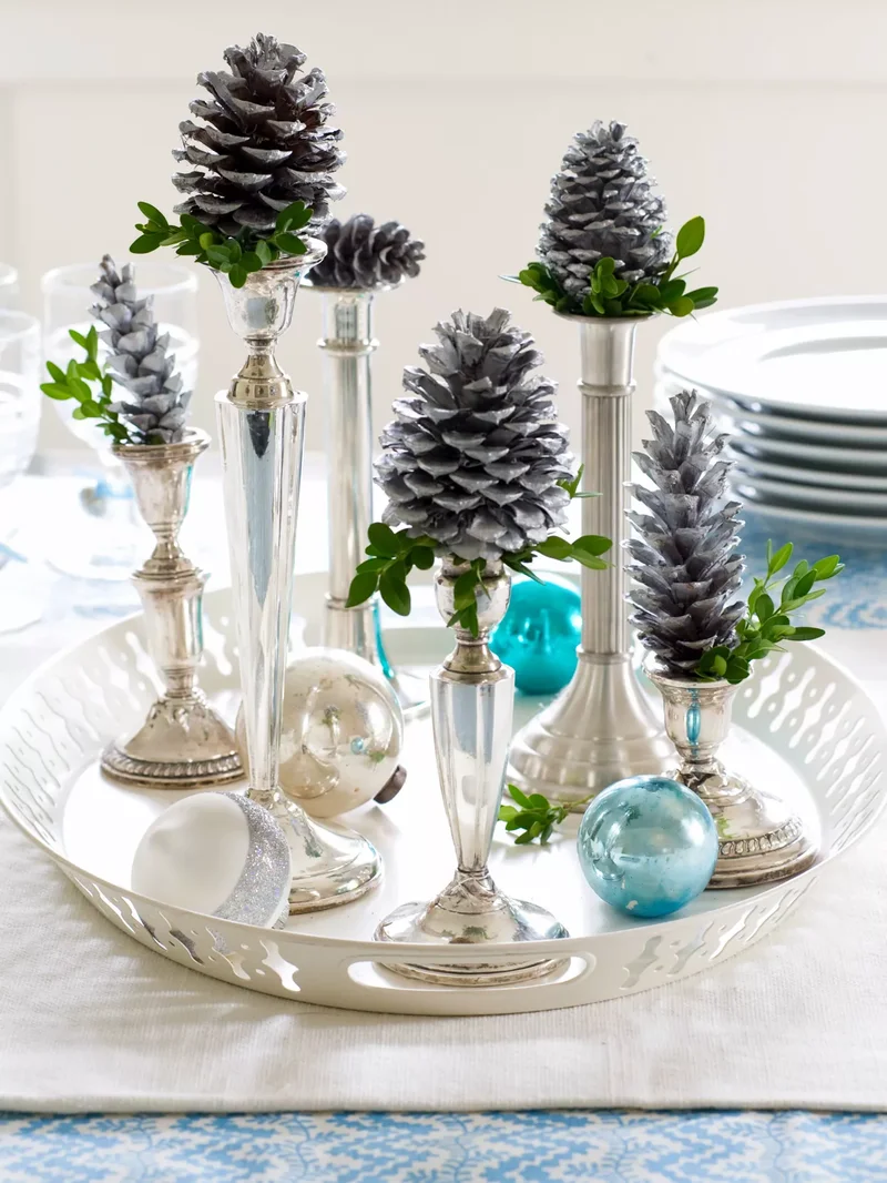 Silver Pillars Christmas Table Display