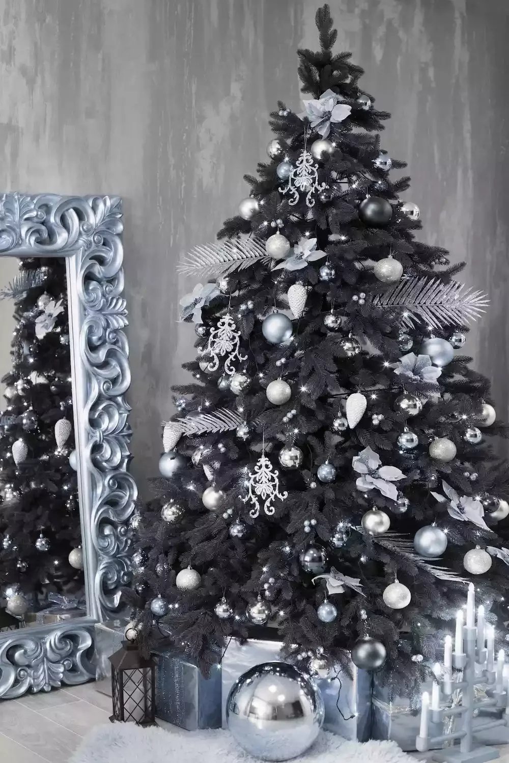 22 Stunning Black Christmas Tree Ideas That Will Transform Your Holiday Decor 12 Silver and Icy Blue Accents