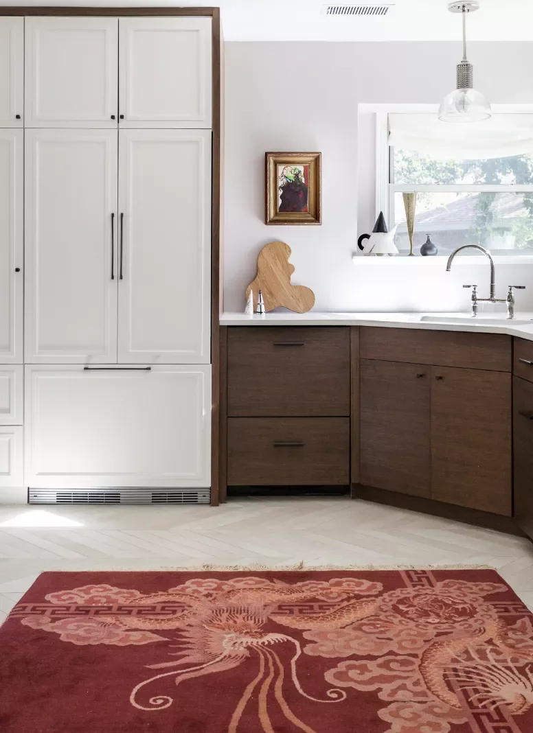 Slab Wood and Shaker White Cabinets