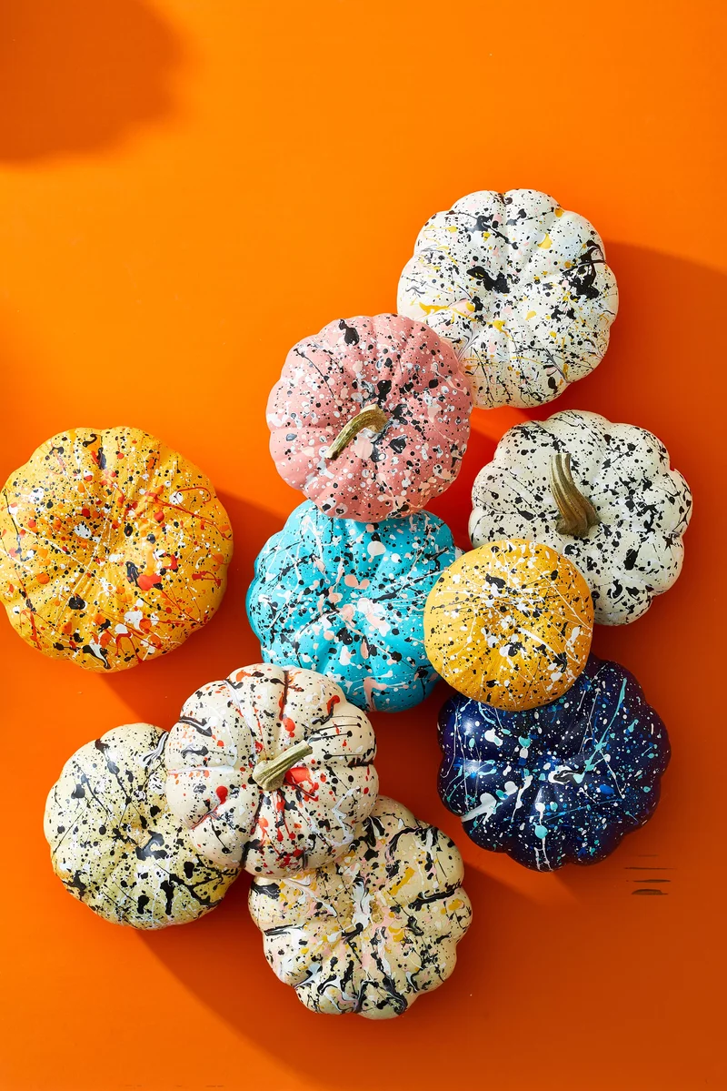 18 Creative Mini Pumpkin Painting Ideas for Autumn Decor 16 Splatter-Paint Mini Pumpkins