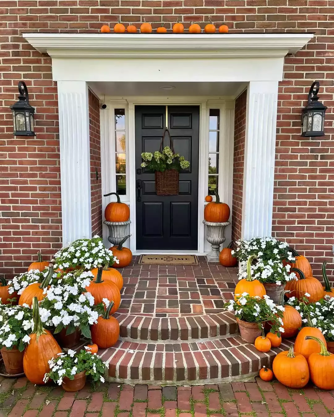 52 Autumn Front Porch Ideas That Will Transform Your Home's Entrance This Fall 34 Stack Mini Pumpkins on Trim