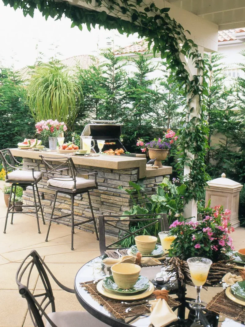 32 Stunning Outdoor Kitchen Ideas Perfect for Entertaining 26 Stacked-Stone Eating Area