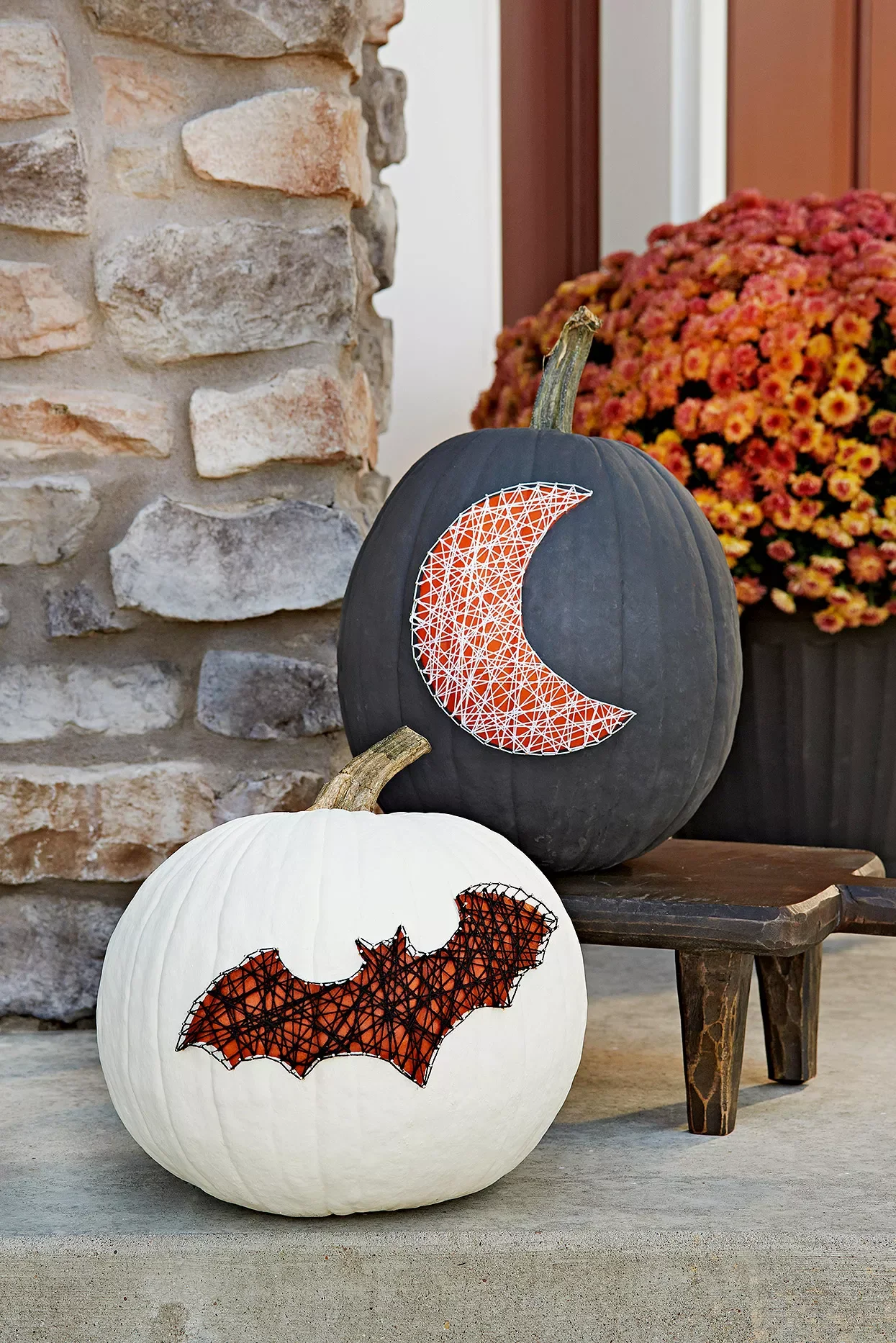 56 Creative DIY Halloween Decorations for Outdoor Spaces 31 String Art Pumpkins