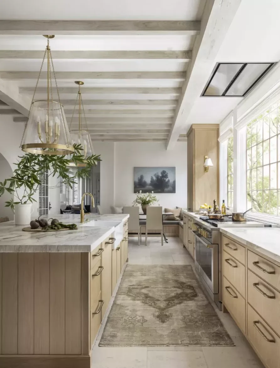 Traditional Wood Cabinets With White-Washed Wood Ceiling