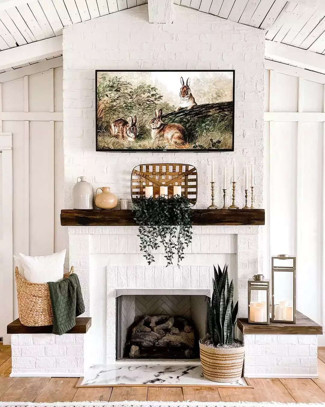 33 Cozy Farmhouse Fireplace Styling Ideas That Transform Your Living Space 12 Turn an Empty Basket Into Decor