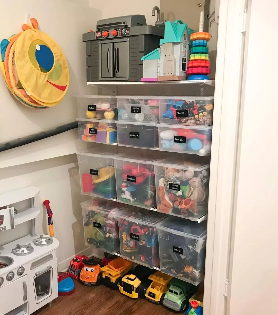 32 Brilliant Small Closet Organization Ideas That Actually Work Use Large Bins in the Playroom