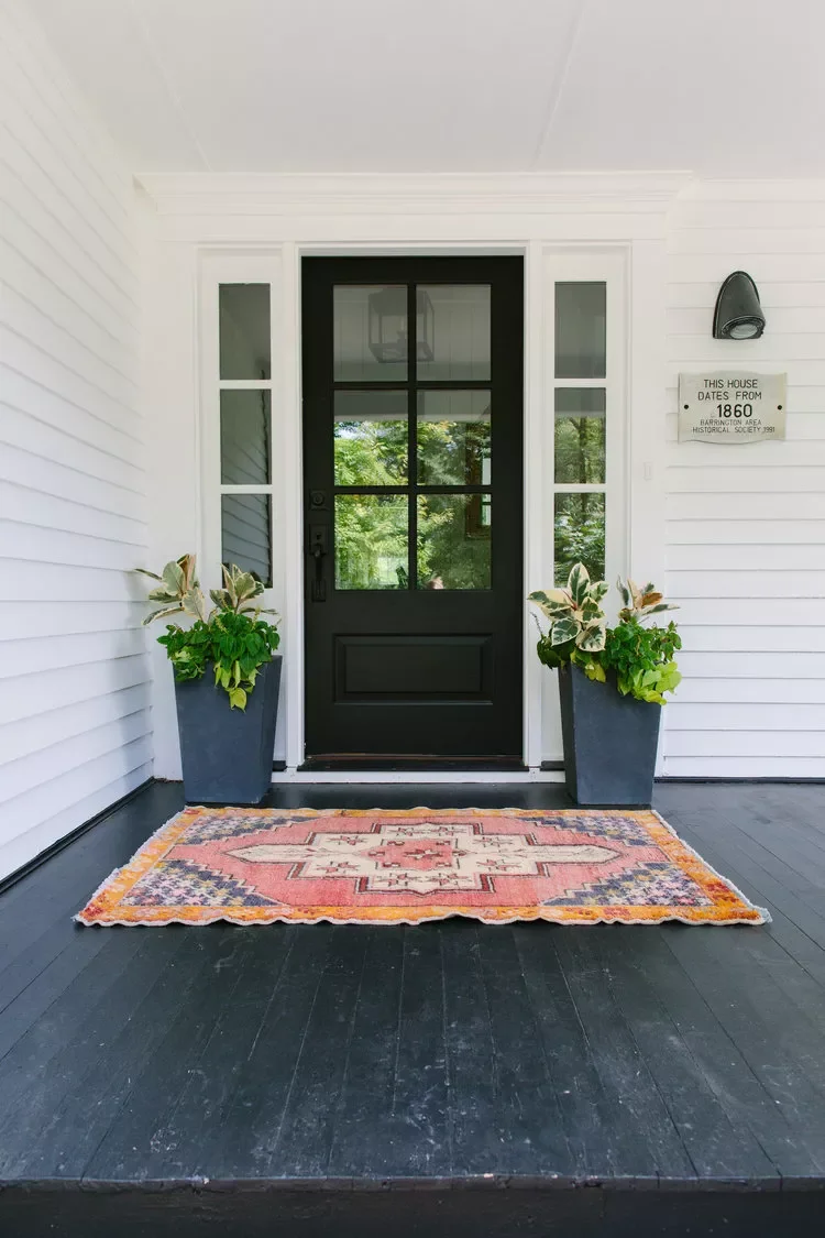 39 Stunning Front Door Decor Ideas to Welcome Every Season Use a Rug as a Doormat