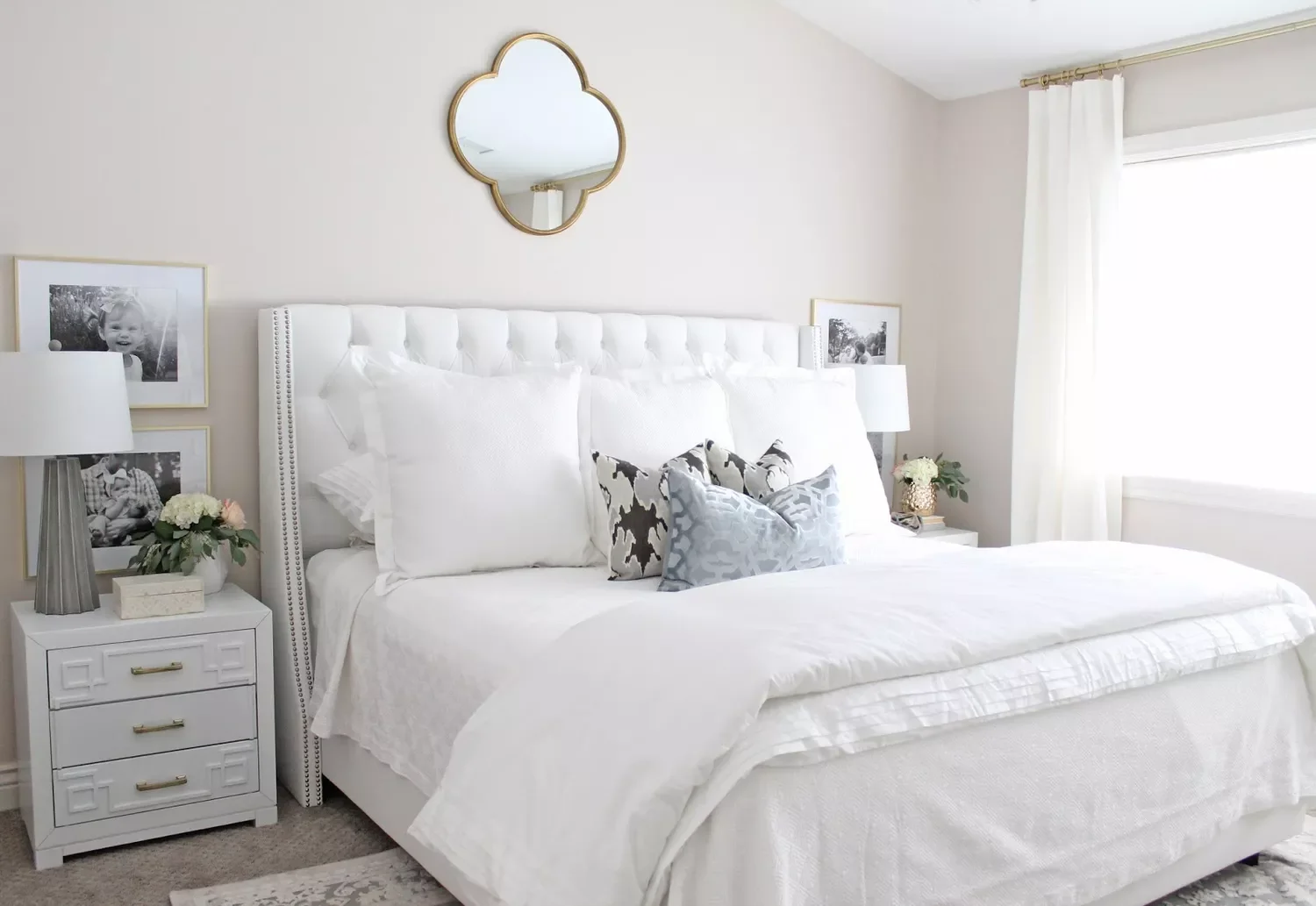 40 White Bedroom Ideas That Will Transform Your Space Into a Stunning Retreat 35 White Bedroom With Brass Mirror
