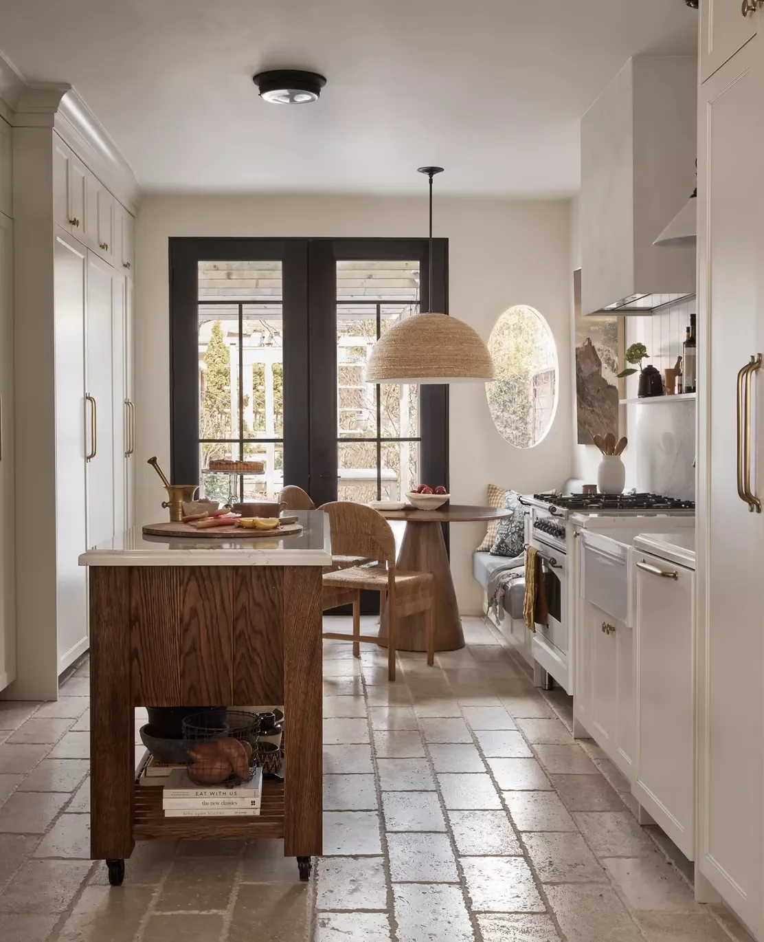 White Cabinetry With Central Wood Island