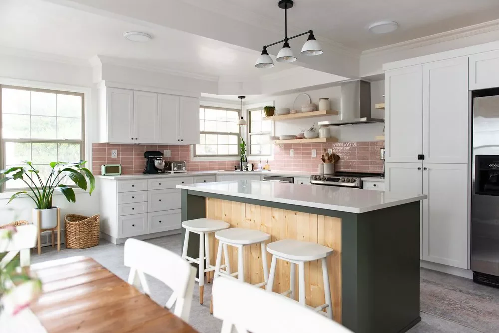 White Cabinets With a Wood Island and Wood Open Shelves