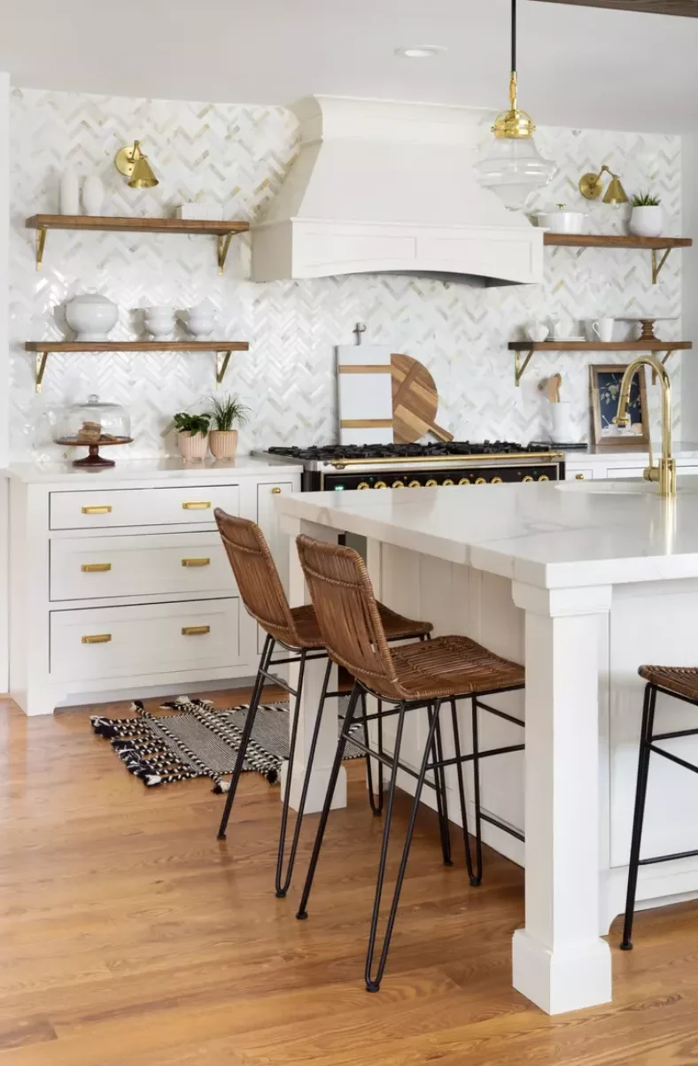 White Chevron Island With Wood Floating Shelves