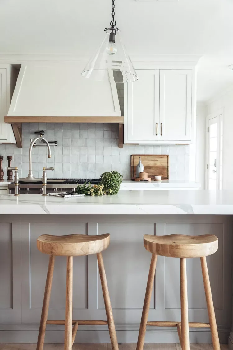 White Shaker Cabinets With Wooden Bar Stools