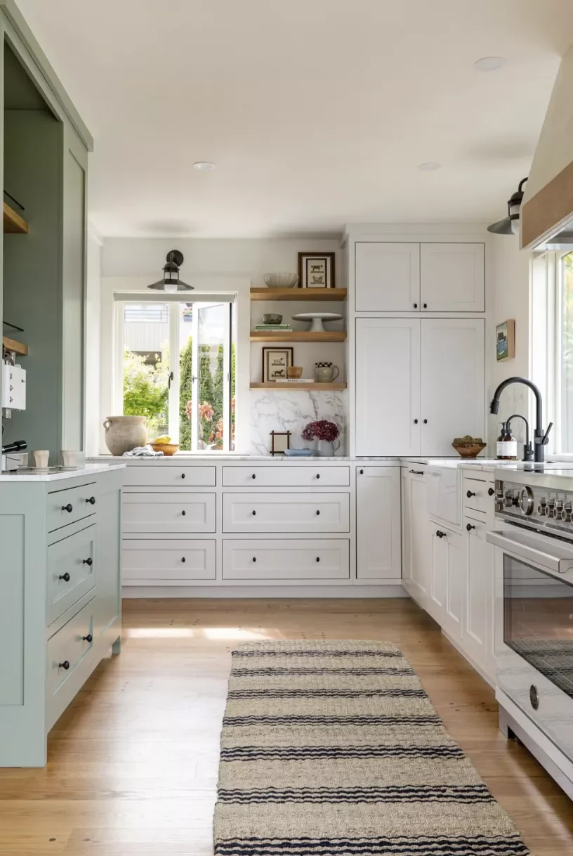 White and Blue Cabinets With Floating Shelves