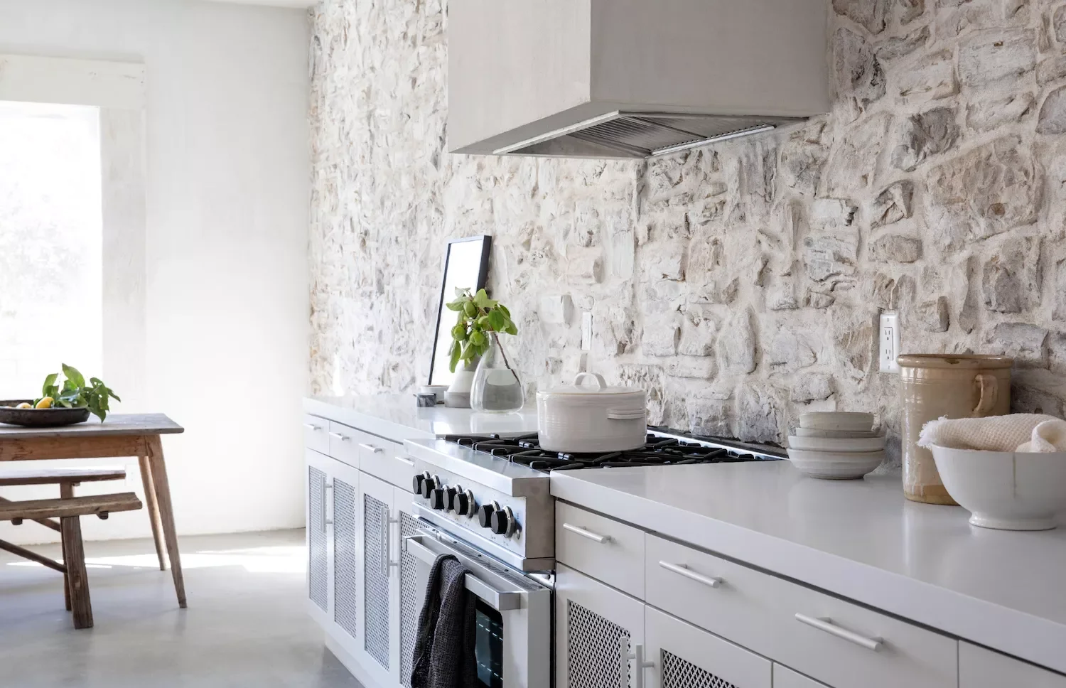 30 White Kitchen Cabinet Ideas That Will Always Be in Style Whitewashed Stone Wall