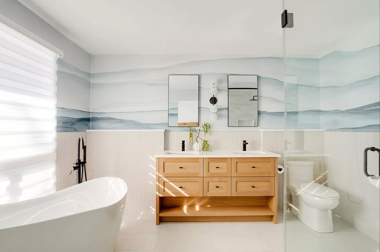 30 Stunning Bathroom Wainscoting Ideas That Transform Any Space 20 With Abstract Wallpaper