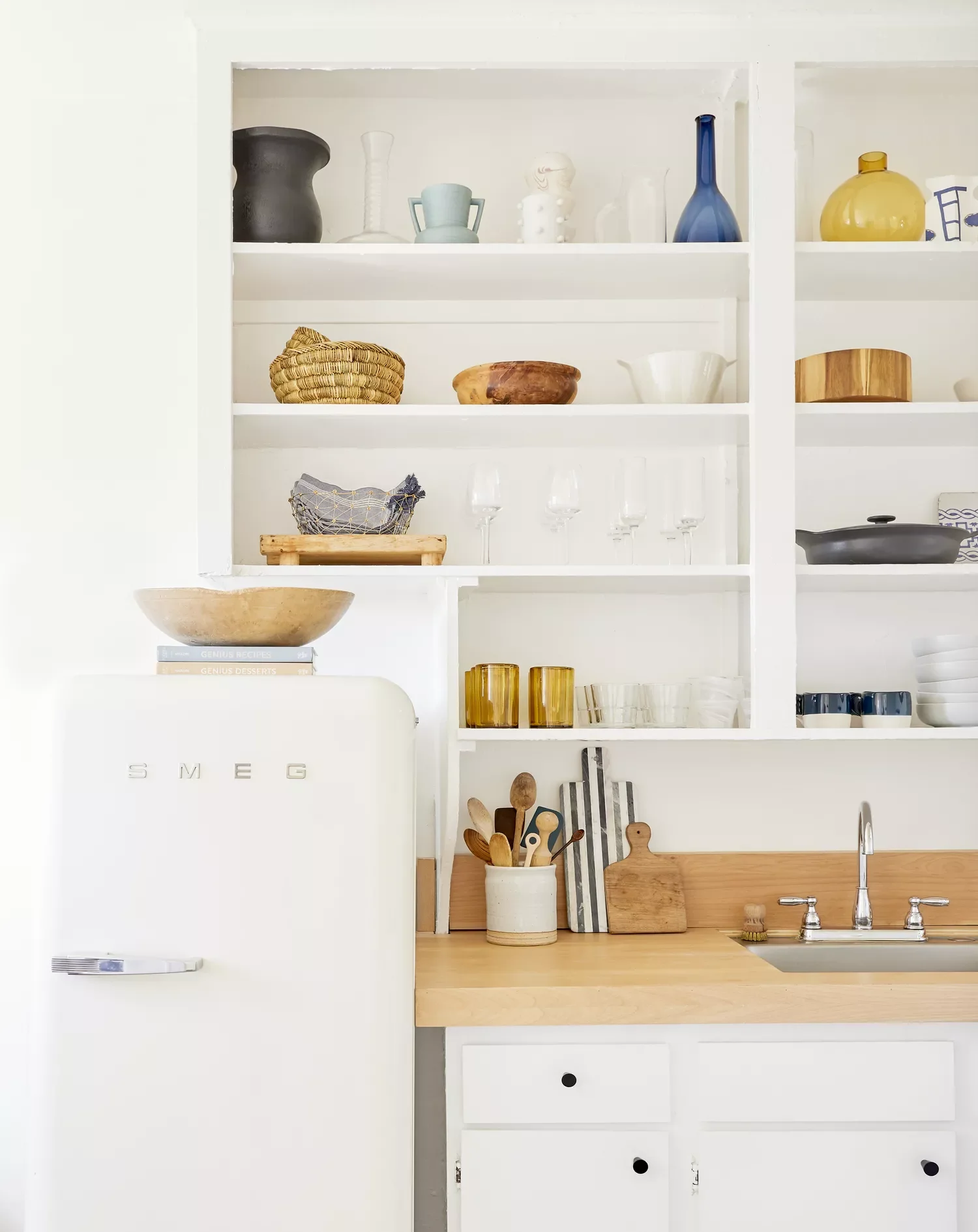 Wood Butcherblock Counters With White Painted Shelves