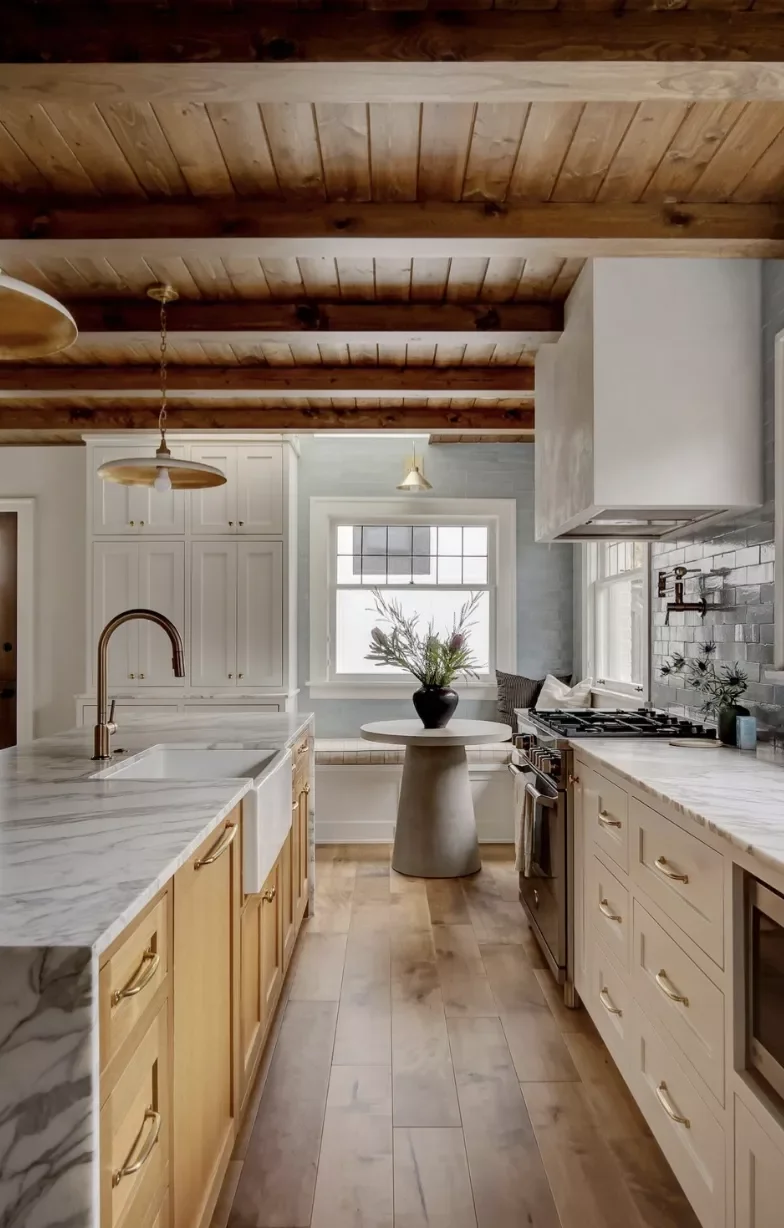 Wood Ceiling With Two-Tone Cabinets