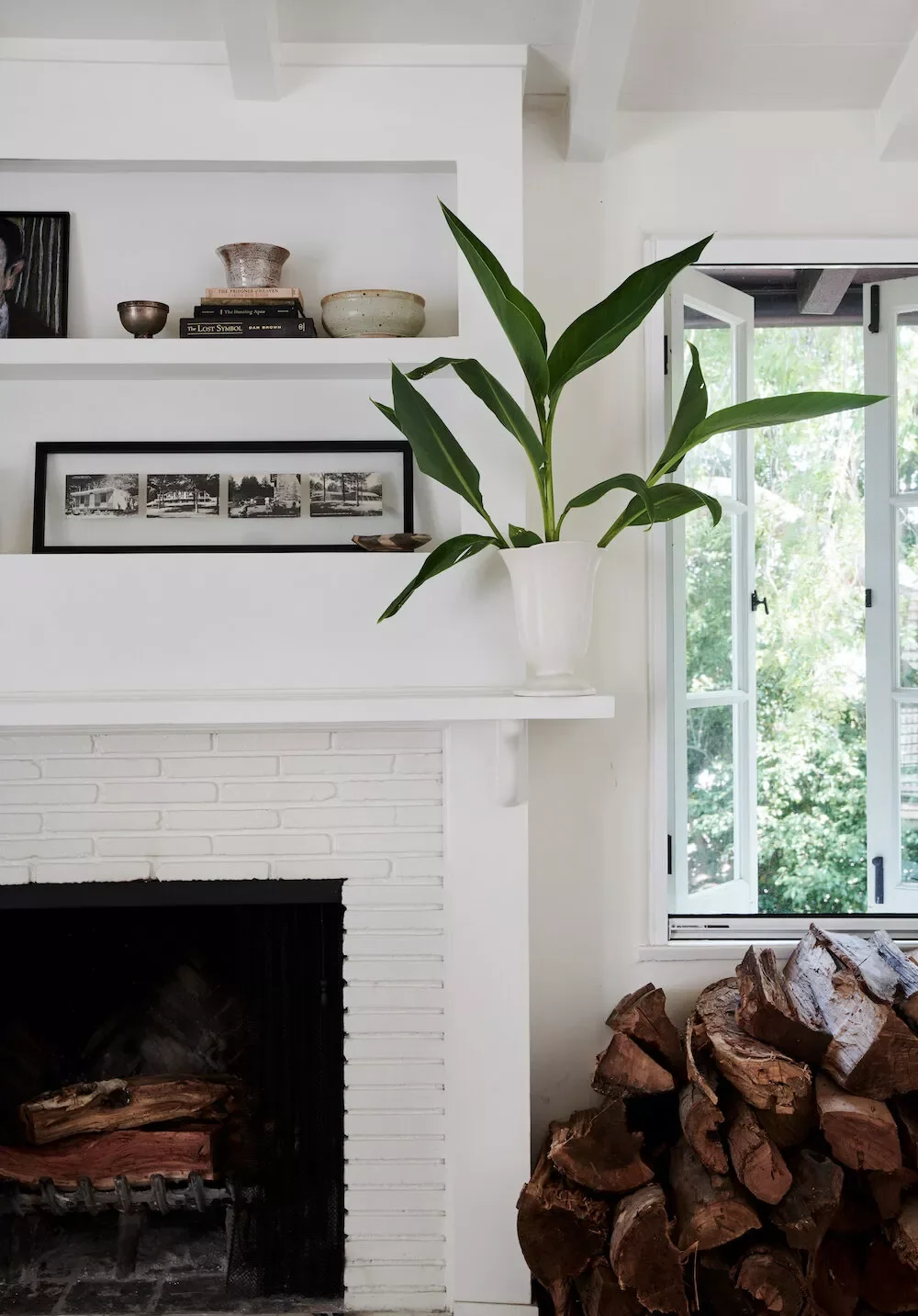 42 Stunning White Brick Fireplace Ideas That Will Transform Your Living Space 13 Wood Mantel With Shelving