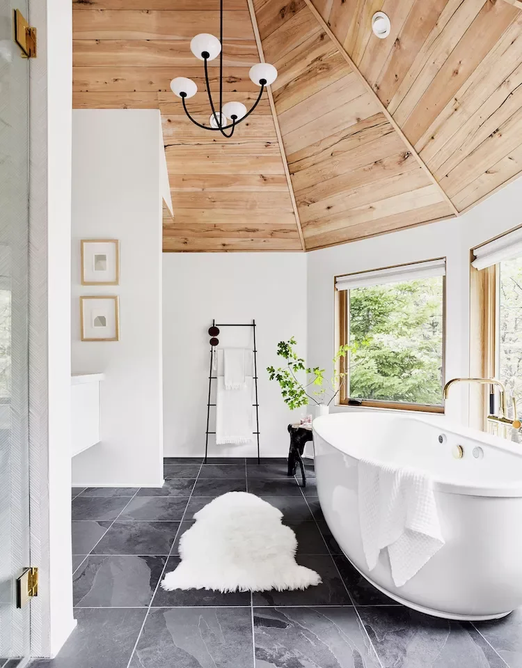 49 Stunning Primary Bathroom Ideas That Will Transform Your Space 13 Wood Paneled Ceiling