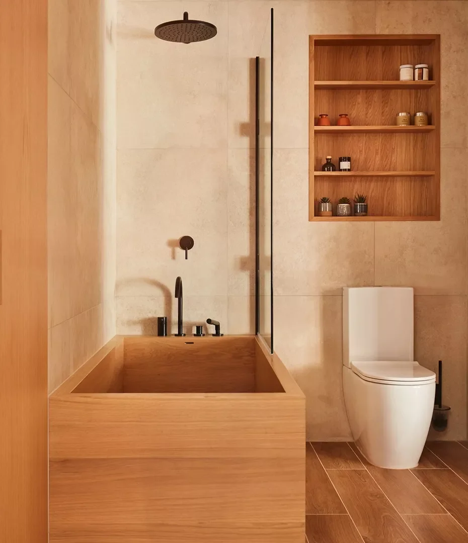 33 Japandi Bathroom Ideas for Ultimate Zen Transformation Wooden Bathtub